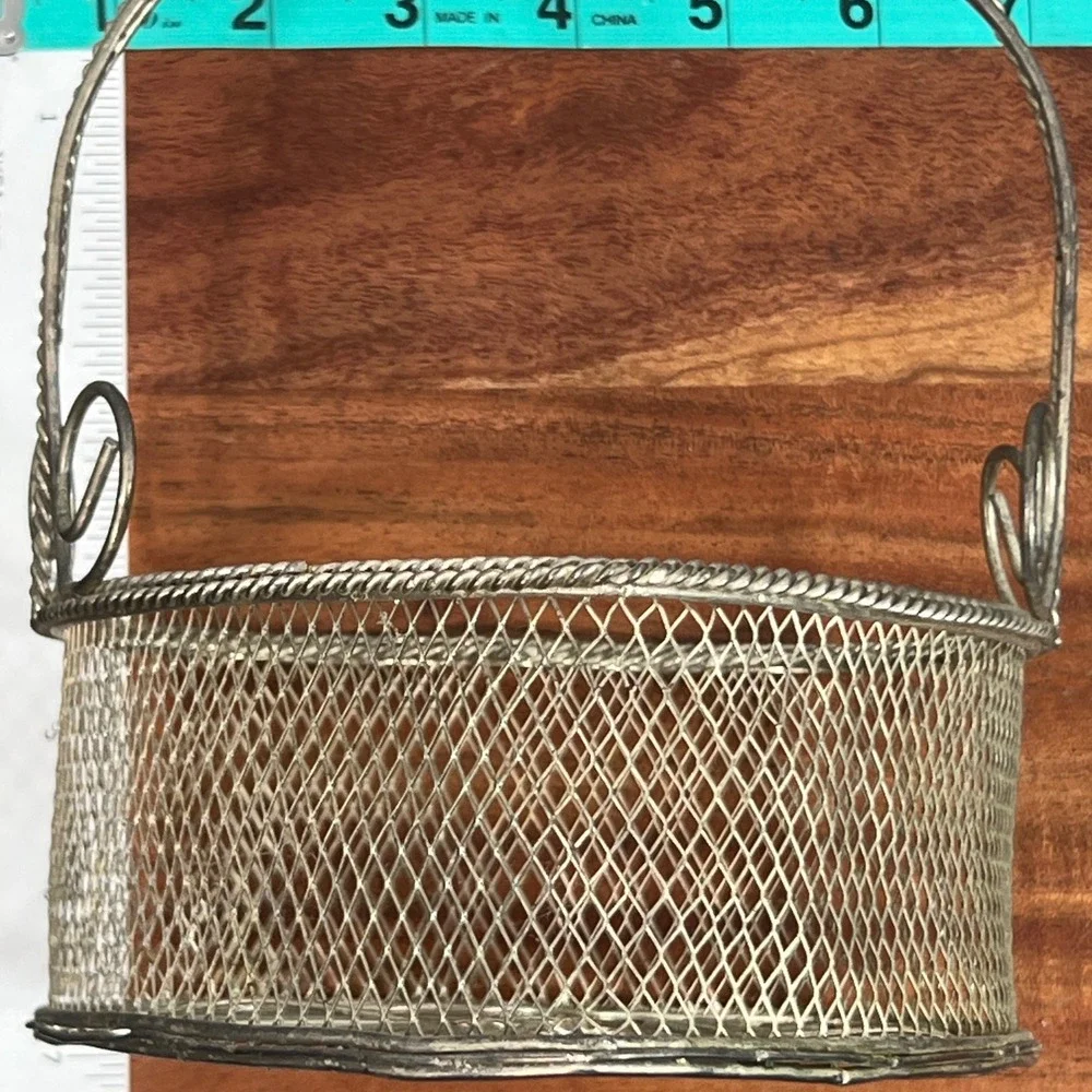 Vintage Silver Heart Shaped Wire Mesh Basket with Handle Scroll Detail Decor